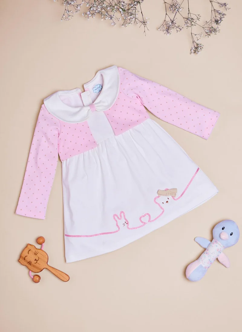 Nautinati Baby Girls' 100% Interlock Cotton Bear Embroidered Solid Dress Fit & Flare Dress with All-over Polka Print Shrug